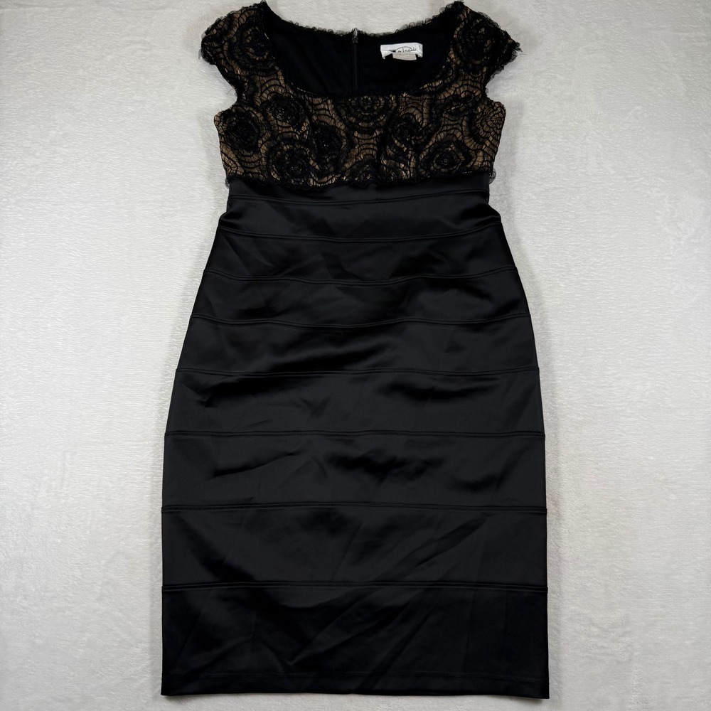 T by Tadashi Black Lace Tiered Sheath Dress Size 8P Cap Sleeve Sequins